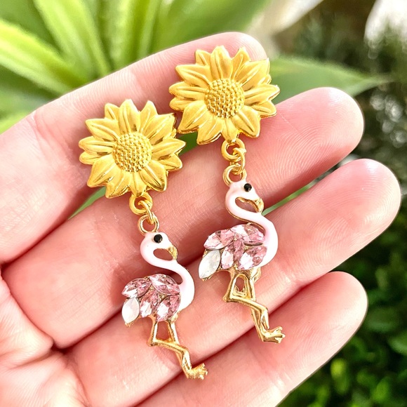 Floral Flamingo Dangle Earrings - Picture 5 of 8